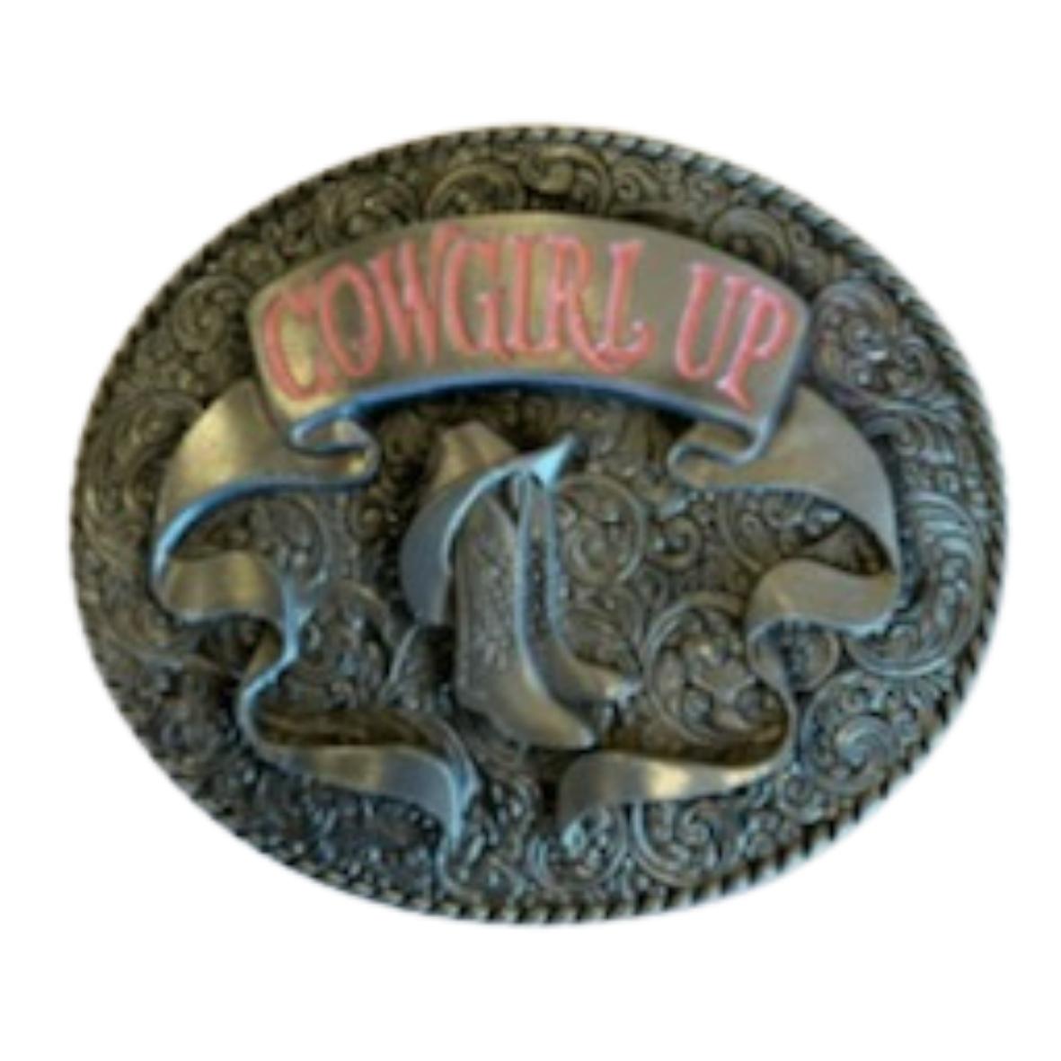 Belt Buckle Cowgirl Up with Boots Oval - Simon Martin Whips & Leathercraft